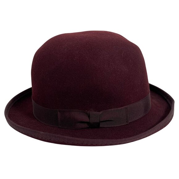 HENSCHEL Capone Derby Trilby Bowler Hat Burgundy Pure Wool Fabric Band SZ M USA - Picture 2 of 9